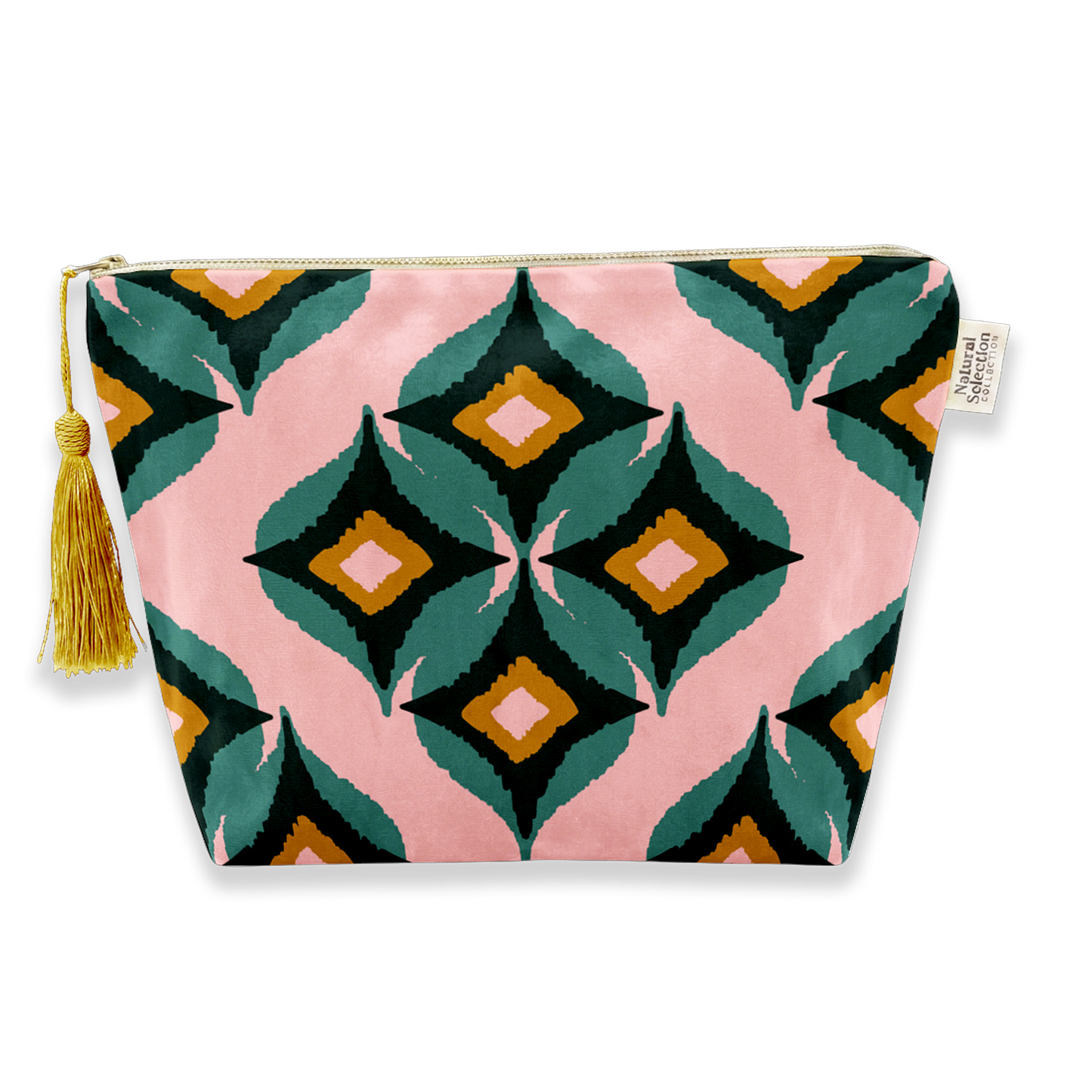 A rectangular zippered pouch with a pink background and a bold geometric diamond pattern in teal, black, mustard yellow, and white. A gold zipper runs across the top, and a gold tassel is attached to the left side.