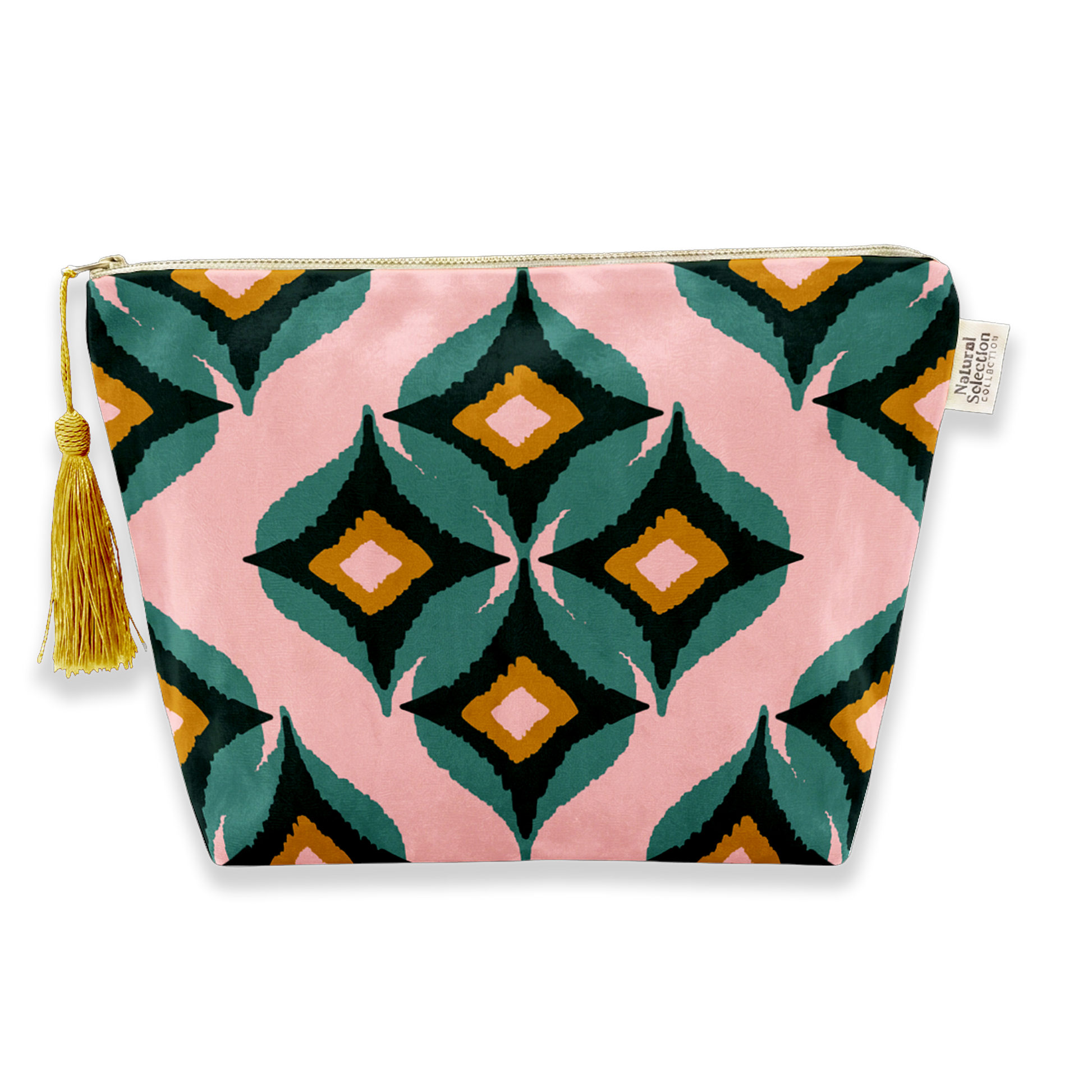 A rectangular zippered pouch with a pink background and a bold geometric diamond pattern in teal, black, mustard yellow, and white. A gold zipper runs across the top, and a gold tassel is attached to the left side.