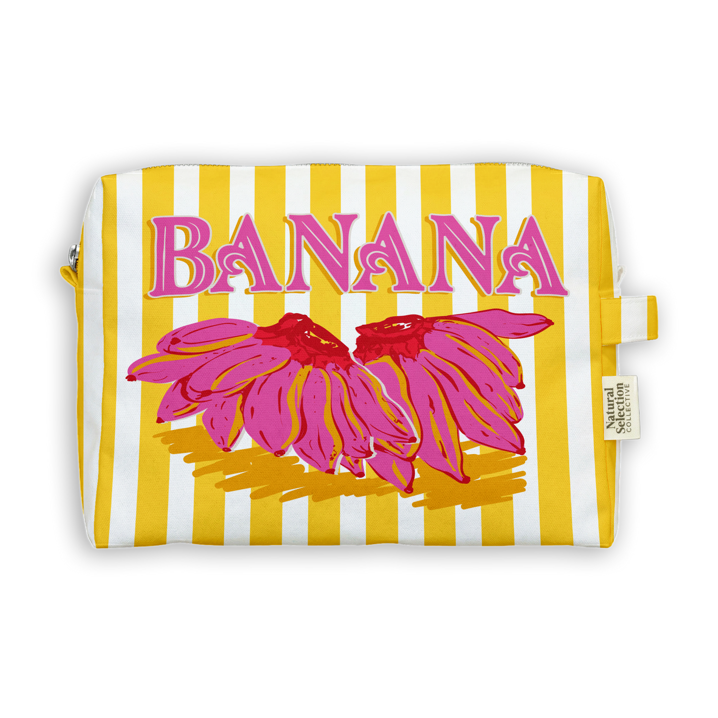 A rectangular zip pouch with a yellow and white vertical stripe pattern, featuring a graphic of pink bananas and the word 'BANANA' in pink text, on a white background.
