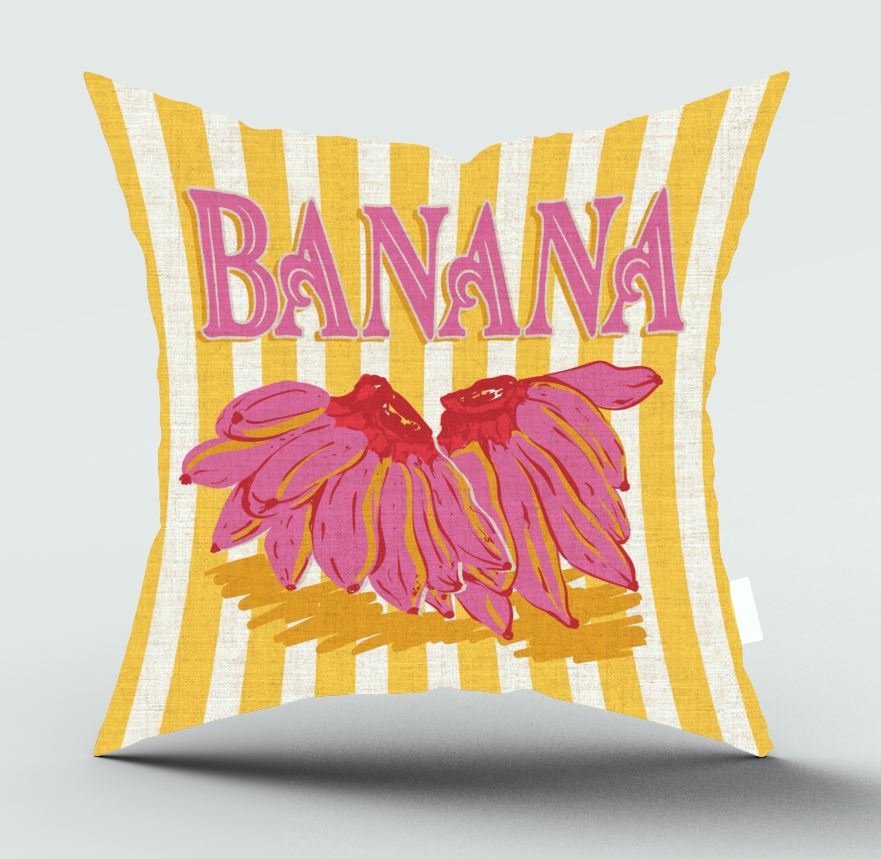 A square throw pillow featuring a retro design with yellow and white vertical stripes, pink 'BANANA' text, and pink bananas on a light gray background.
