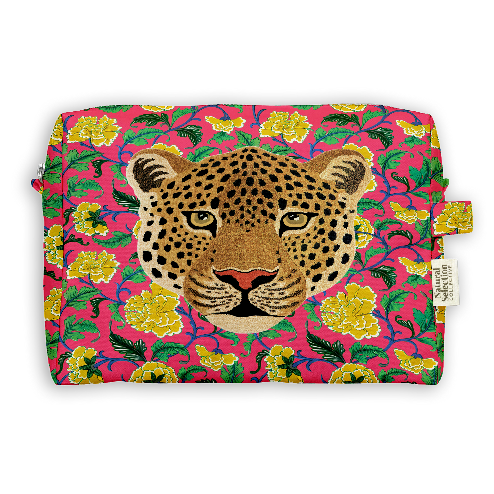 A rectangular zippered pouch featuring a vibrant pink floral pattern with a large central leopard face graphic. The pouch has a small white fabric tag on the right side that reads 'SPECIALTY CLOTHING CO'.