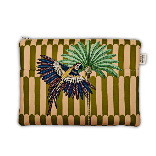 A zippered pouch featuring a green and beige striped background with a central illustration of a parrot perched on a palm tree, shown on a plain white background.