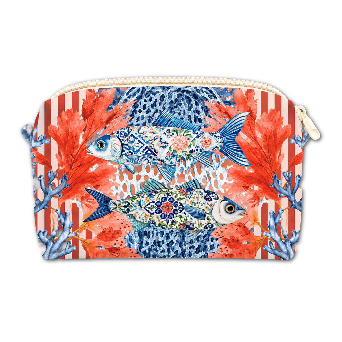 A zippered pouch featuring a vibrant ocean-themed print with two decorated fish, coral, and blue fish motifs over red and white stripes, shown on a plain white background.