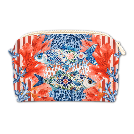 A zippered pouch featuring a vibrant ocean-themed print with two decorated fish, coral, and blue fish motifs over red and white stripes, shown on a plain white background.