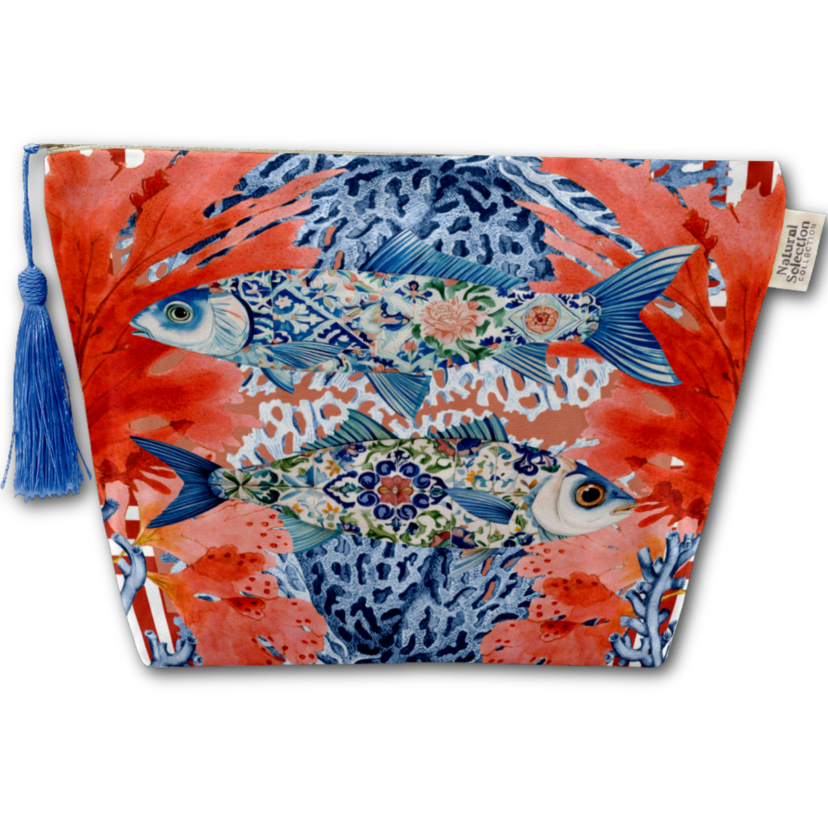 A zippered pouch featuring a vibrant watercolor print of two blue patterned fish among coral and seaweed in red, orange, and blue, complete with a blue tassel on the left and a small brand tag on the right.