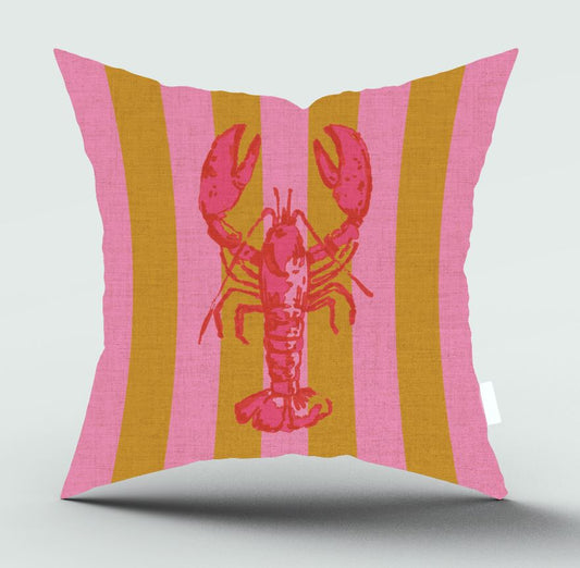 A square throw pillow with a pink and mustard yellow striped pattern, featuring a central pink lobster graphic, shown against a light gray background.