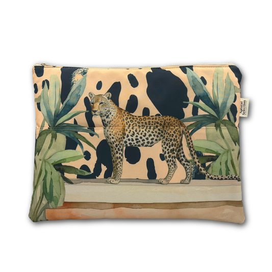 A rectangular zippered pouch featuring a safari-themed print with a leopard, palm leaves, and a spotted background, shown on a plain white background.