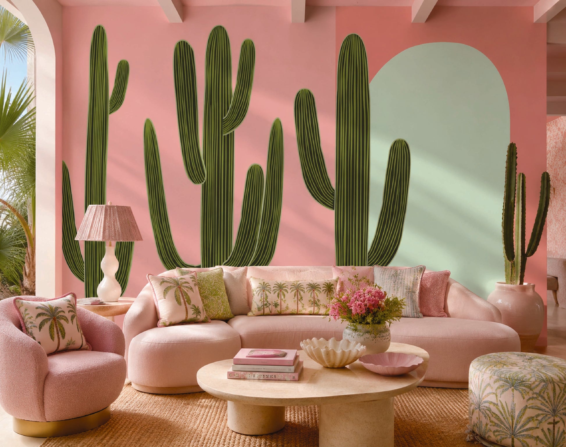 A styled living room featuring a large pink wall mural with green cactus silhouettes and a mint green arch. A curved pink sofa with patterned pillows, a matching pink armchair, a round wooden coffee table, and a patterned ottoman are arranged in front of the mural.