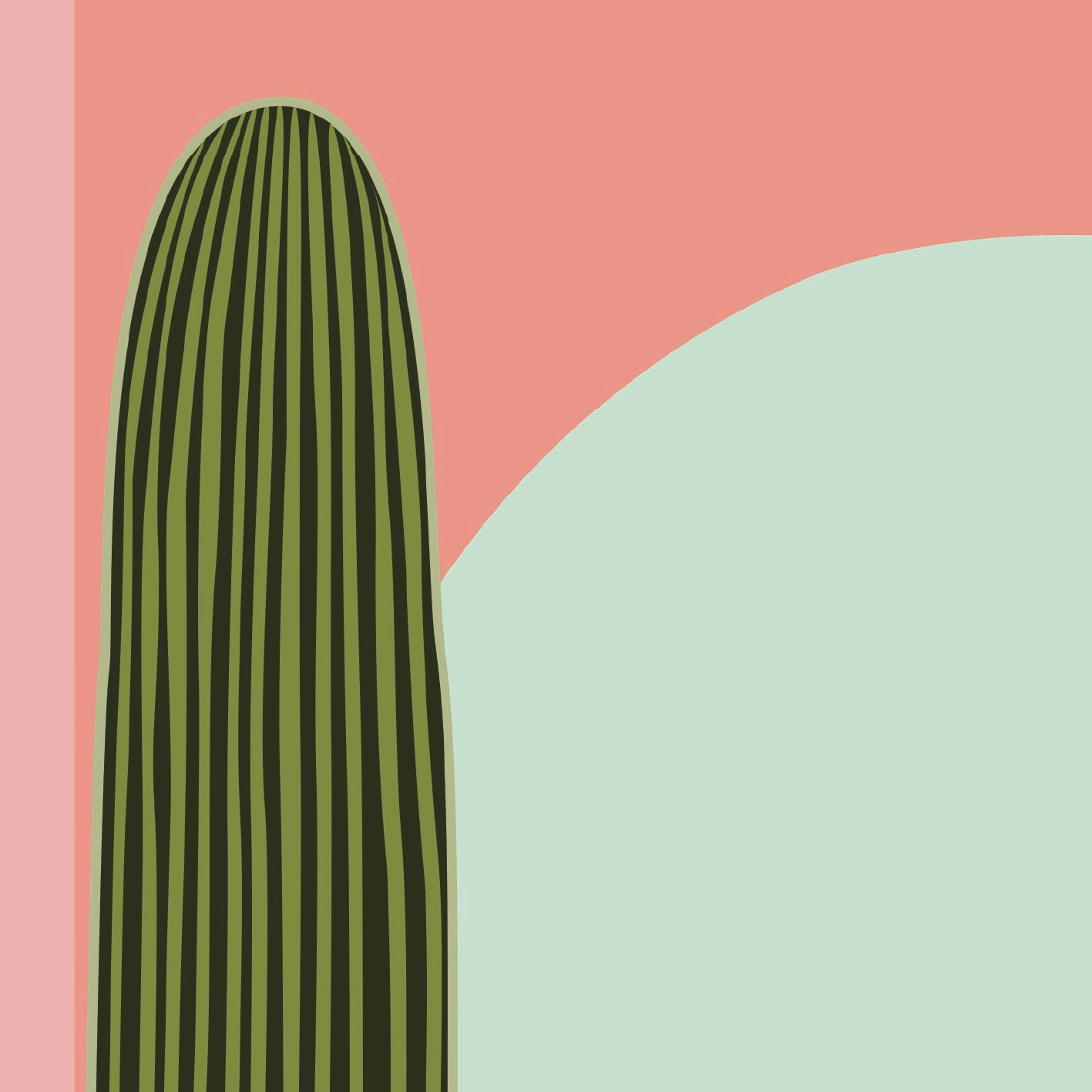 A stylized graphic illustration of a tall striped cactus in green and black, set against a pink background with a large pale green curved shape.