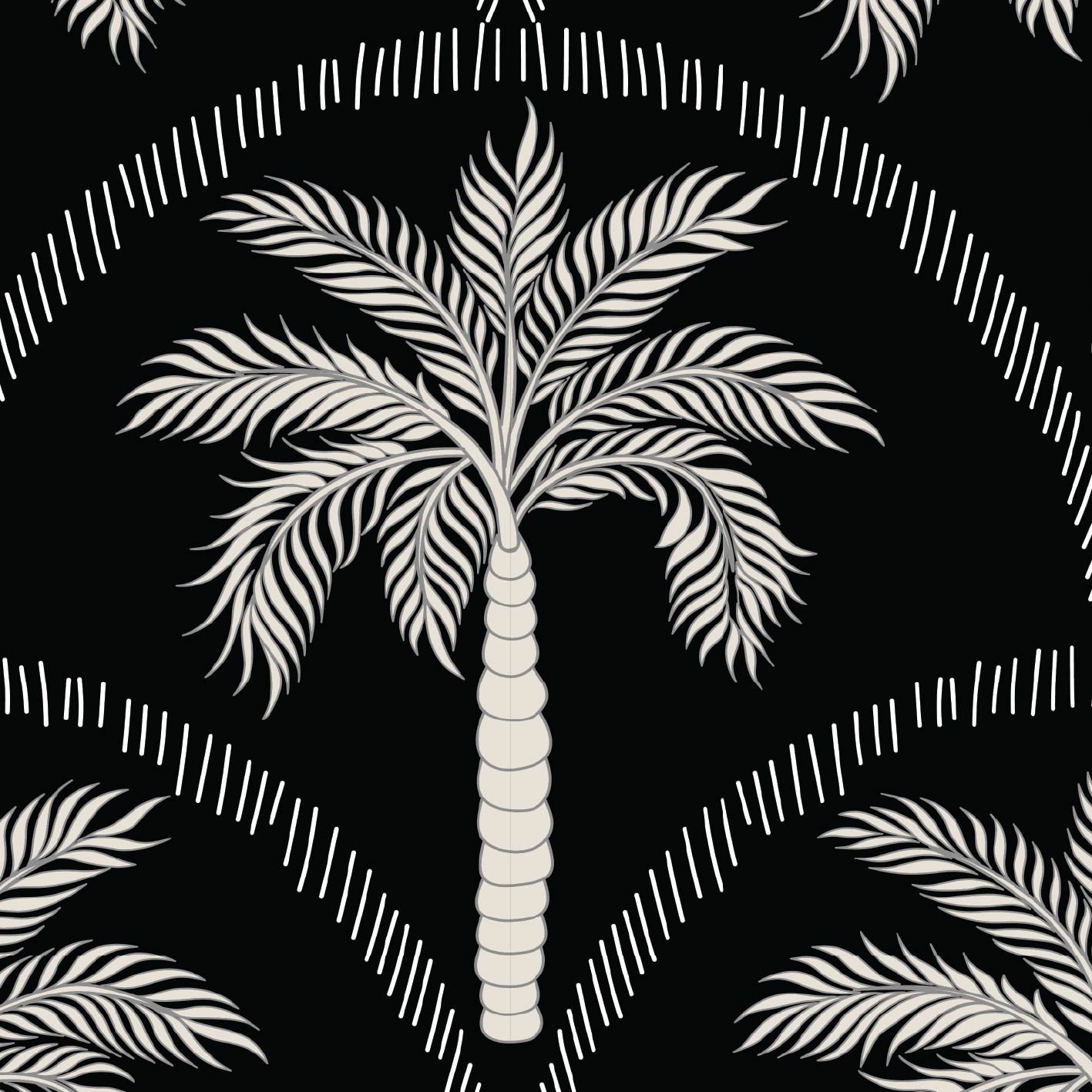 A repeating black-and-white palm tree pattern with white palm fronds and trunk on a black background, framed by white dashed arches.