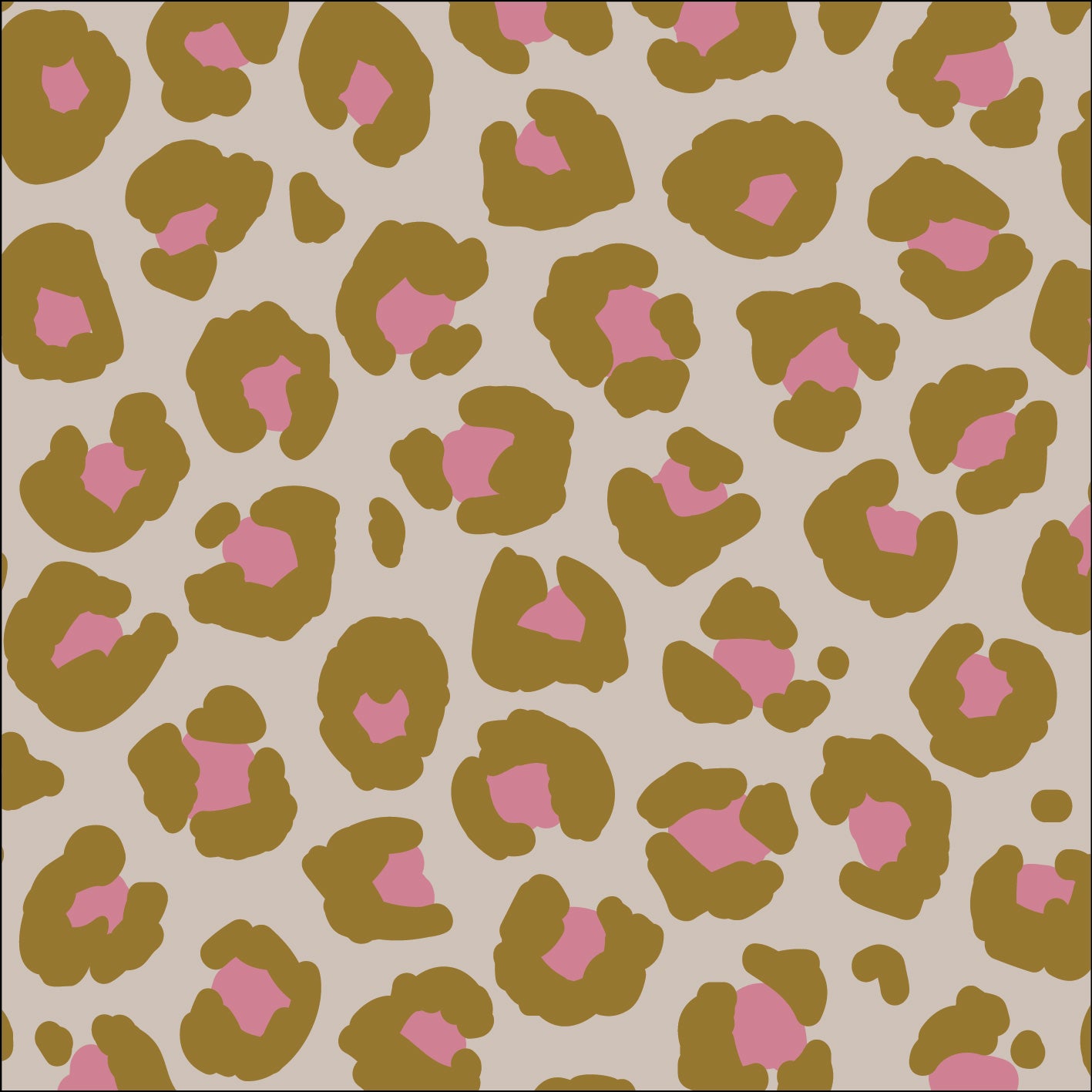 A repeating leopard-style animal print pattern with tan and olive-brown spots outlined in black, filled with pink centers, on a light beige background.