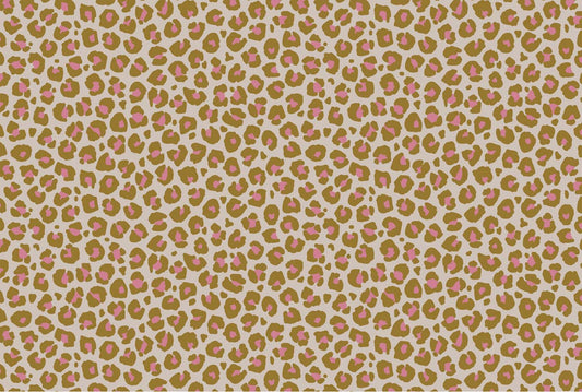 A repeating leopard print pattern with warm tan and brown spots outlined in black on a light beige background, accented with dusty pink centers.