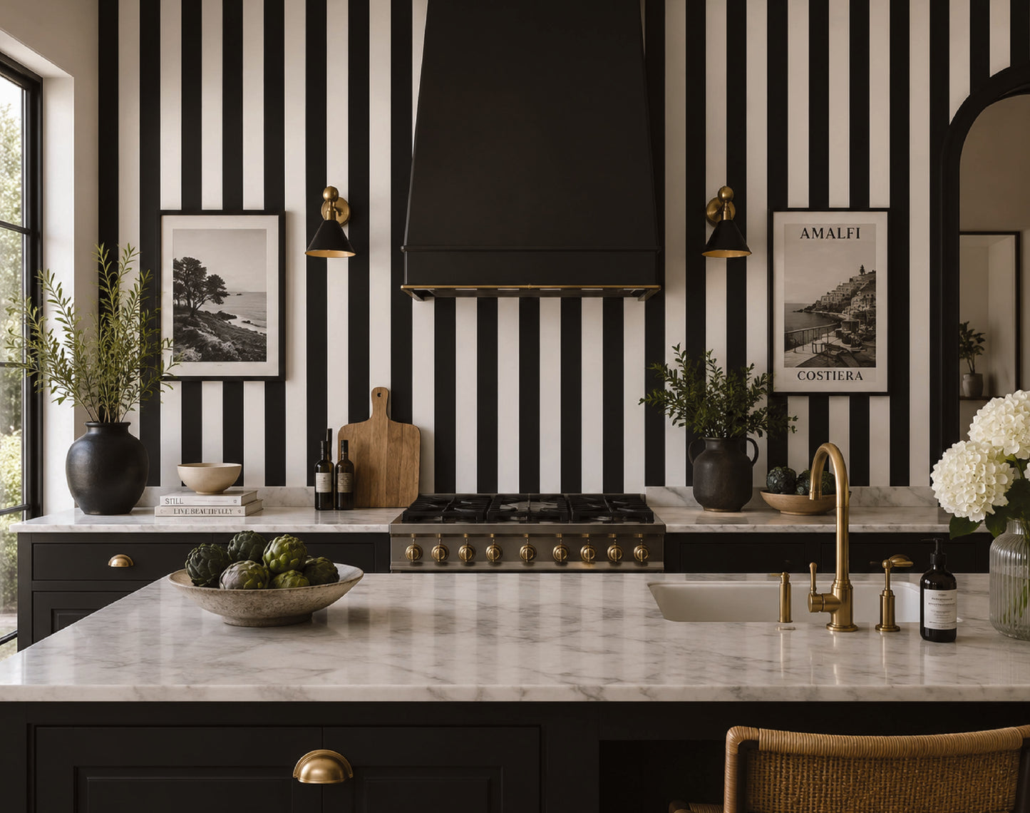 A modern kitchen interior with bold black-and-white vertical striped wallpaper, a black range hood, dark cabinetry, a white marble countertop, and brass fixtures. Framed wall art, plants, and decorative objects are arranged on the counters.