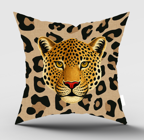 Square throw pillow featuring a large illustrated leopard face centered over a beige and black leopard print background, shown on a light gray studio background.