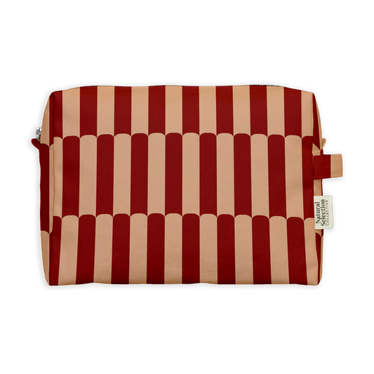 Clover Stripe Toiletry Bag featuring deep red and cream stripes