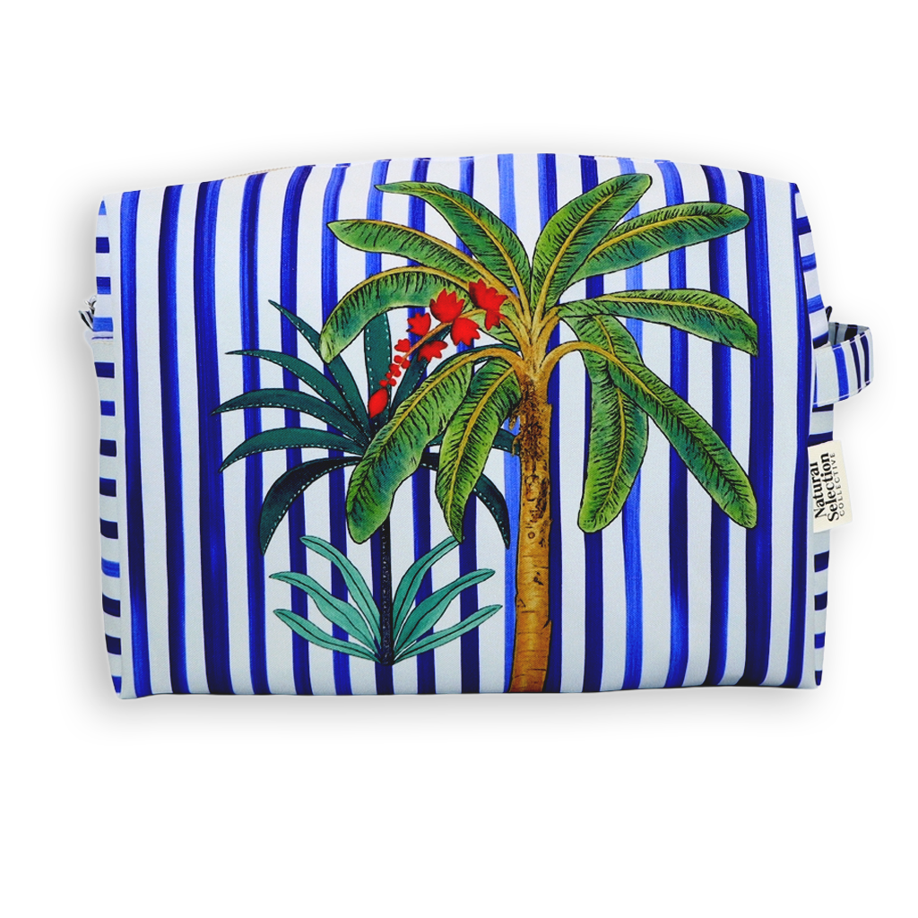 Pouch with palm tree design on blue and white striped background