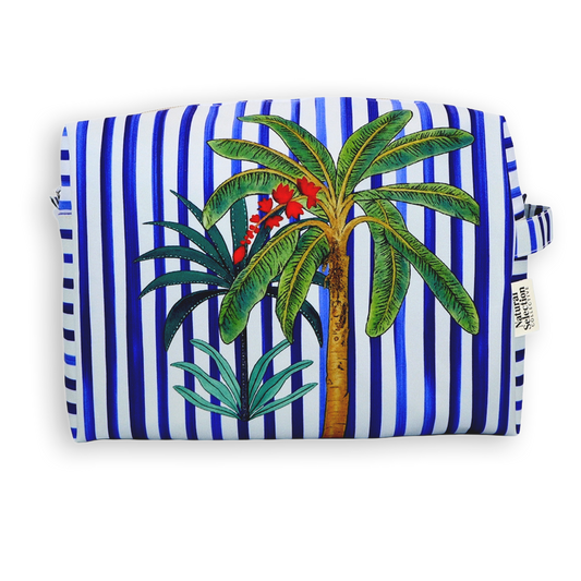 Pouch with palm tree design on blue and white striped background