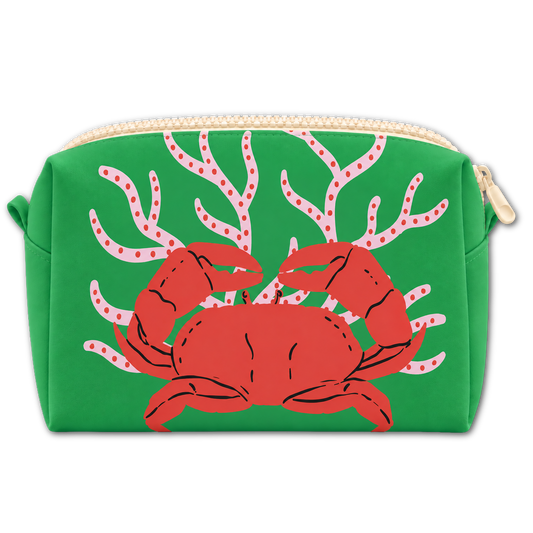 A green zippered pouch featuring a graphic print of a red crab in front of pink and white coral, with a cream-colored zipper.