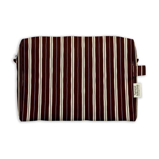 Cottage Stripe Toiletry Bag featuring cream and pink pinstripes on dark brown