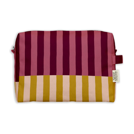 Country Stripe Toiletry Bag featuring burgundy and pink stripes above mustard and pink stripes