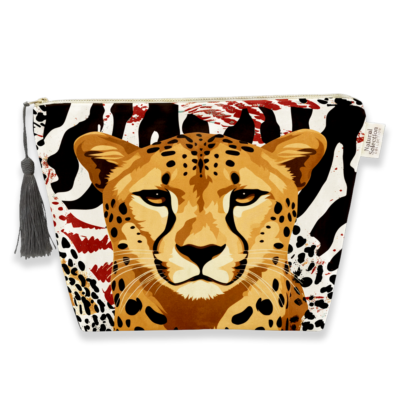 A zippered cosmetic pouch featuring a graphic print of a cheetah face over a black and white zebra pattern with red paint splatter accents, complete with a gray tassel on the left side.