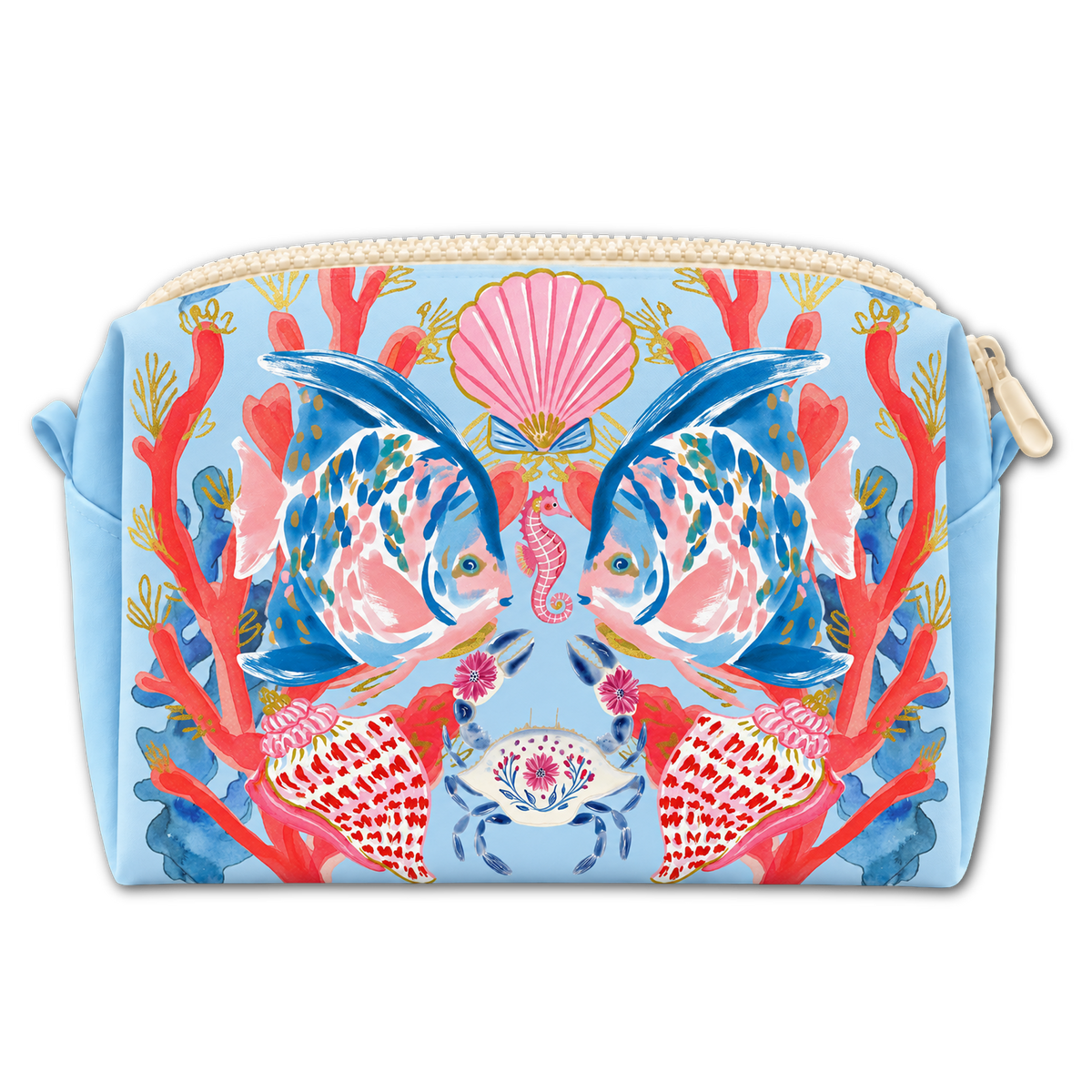 A light blue zippered cosmetic pouch featuring a vibrant, symmetrical underwater design with pink and blue fish, red coral, a seahorse, and a scallop shell.