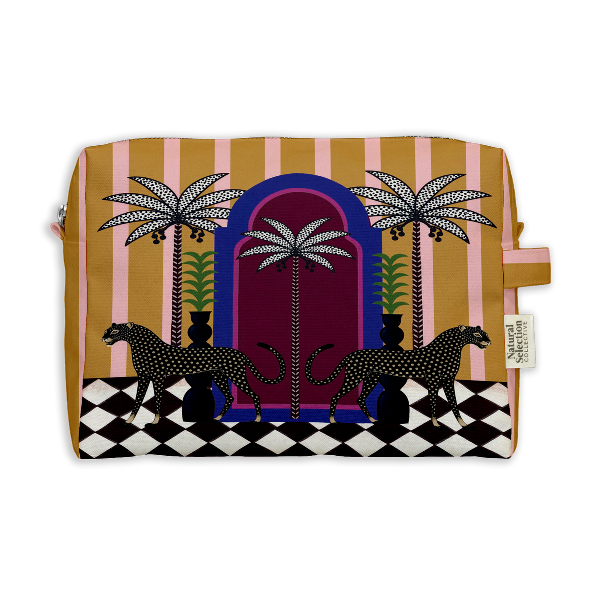 Dynasty Leo Toiletry Bag featuring black leopards by a plum arch and palms on mustard and pink stripes