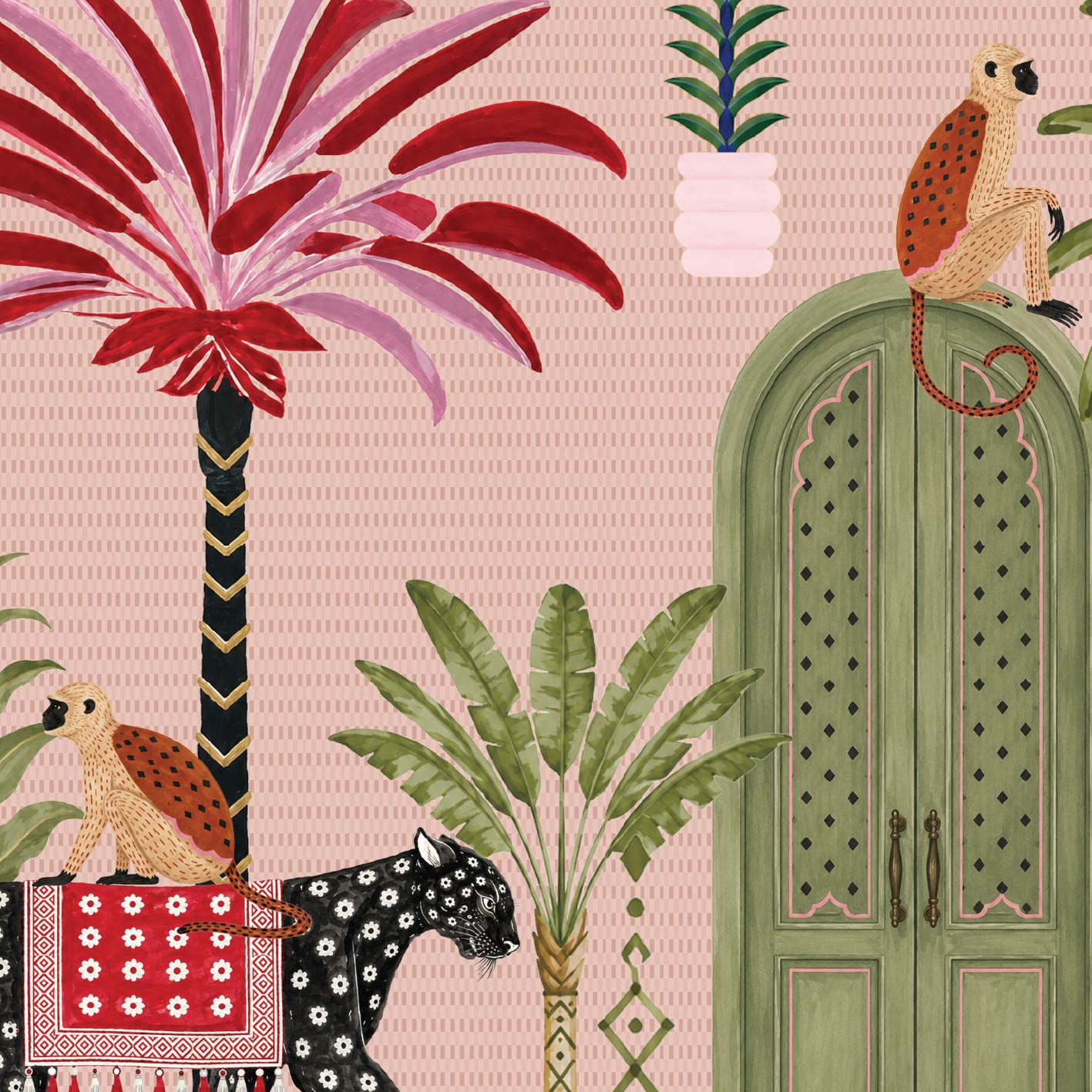 A whimsical illustrated wallpaper or textile pattern featuring a pink patterned background with a large red and pink palm tree, green plants, a green arched door, a spotted monkey sitting on the door, and a black-and-white spotted animal with a red patterned rug.