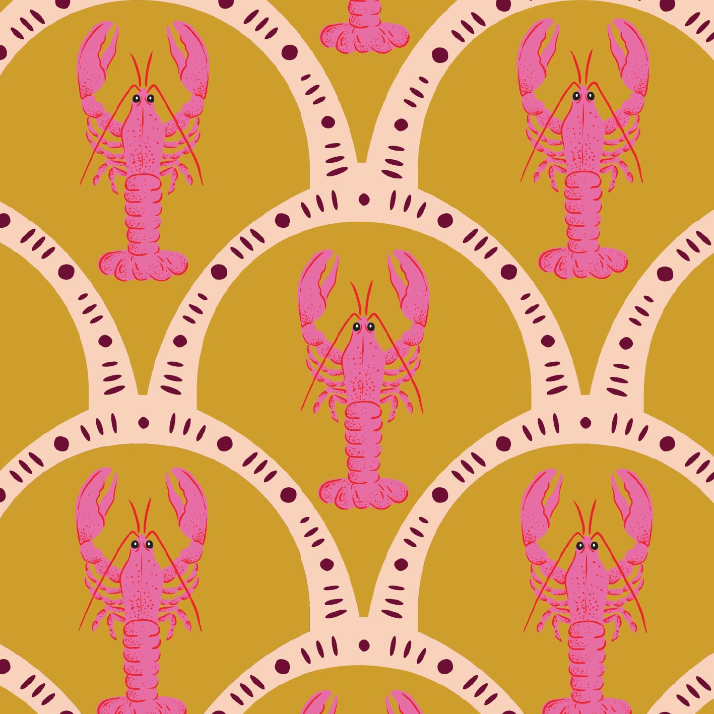 A repeating decorative pattern featuring pink lobsters inside scalloped beige arch shapes on a mustard yellow background.