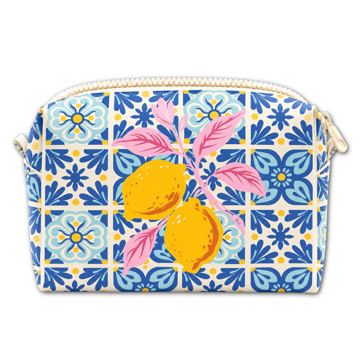 Evora Lemons Mini Box Bag with yellow lemons, pink leaves and a blue-and-white tile pattern, shown from the front with a cream zip.