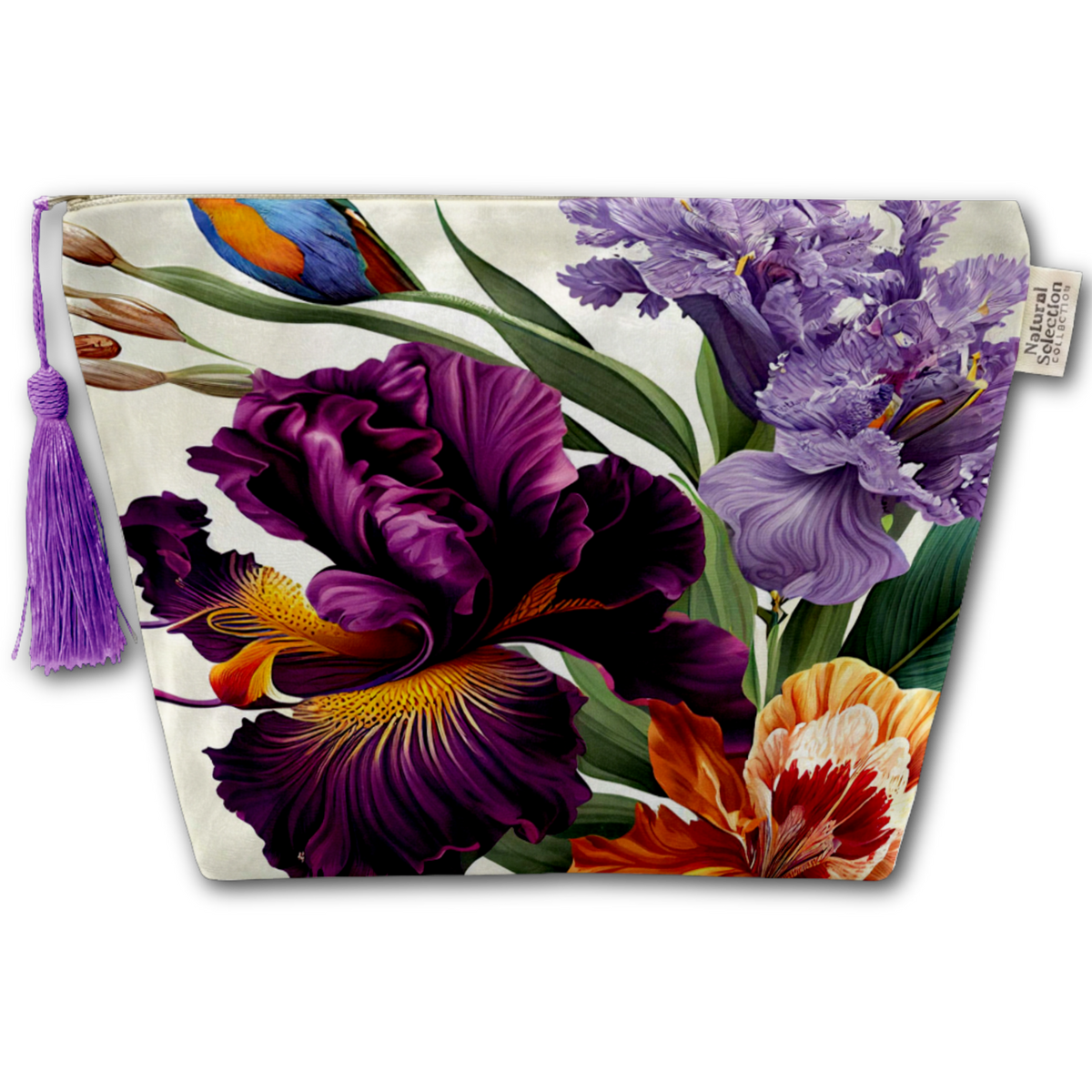 A flat zip pouch with a tassel on the left, featuring a vintage-style botanical print of purple irises, orange flowers, and a small blue bird on a cream background. A small fabric brand tag is visible on the right side.