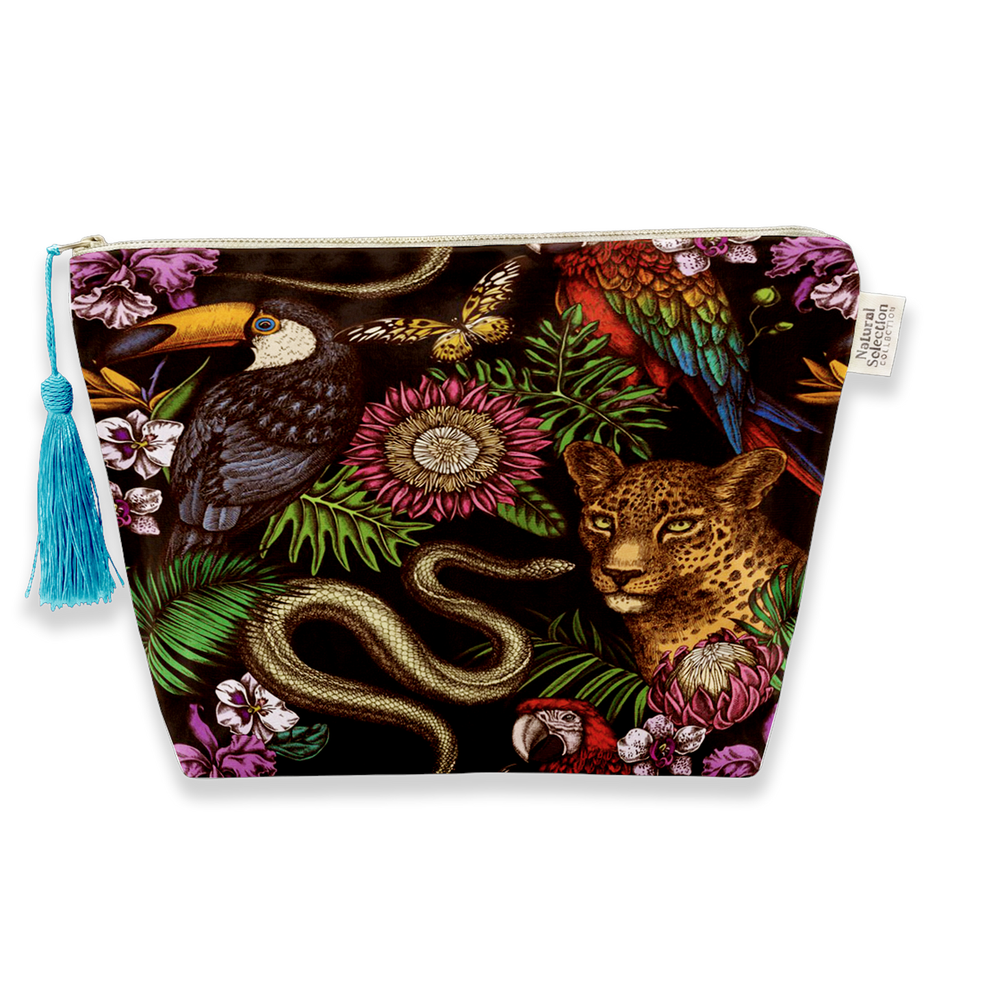A rectangular zippered pouch featuring a vibrant, detailed jungle and wildlife print with a toucan, leopard, snake, and tropical flowers on a black background, complete with a blue tassel zipper pull.