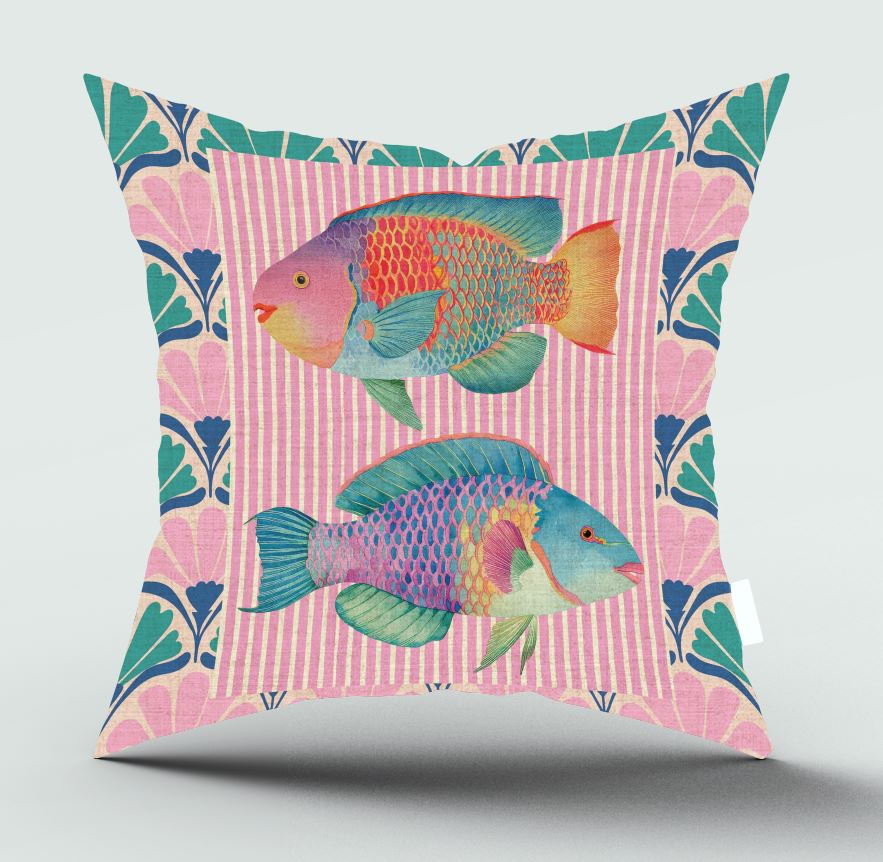 A square decorative throw pillow featuring two colorful parrotfish on a pink striped background with a teal and pink botanical border, shown against a light gray background.
