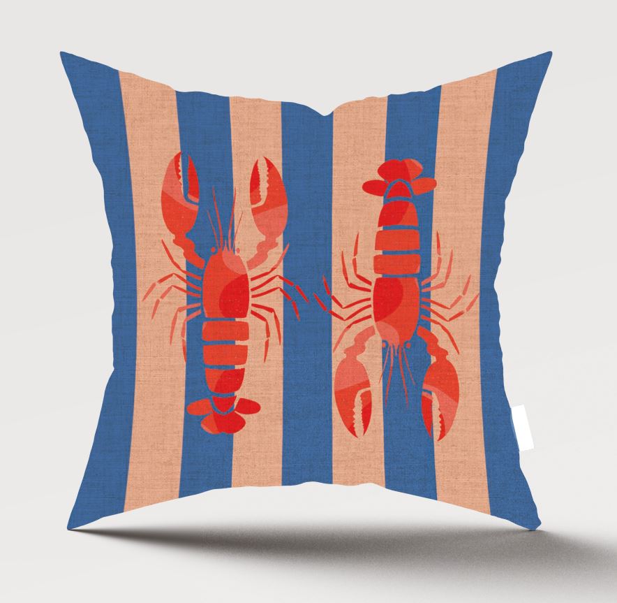 A square throw pillow featuring a pattern of vertical blue and beige stripes with two red lobster illustrations, shown against a light gray background.