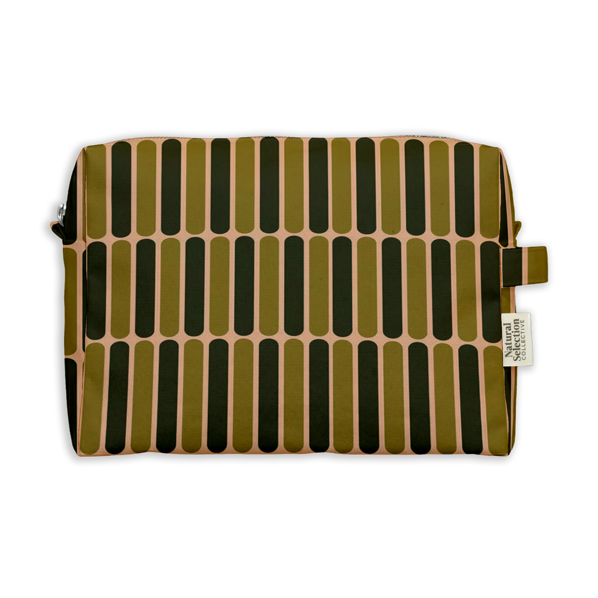 Greenhouse Stripe Toiletry Bag featuring dark green and olive striped bars