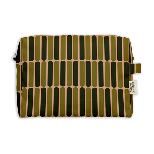 Greenhouse Stripe Toiletry Bag featuring dark green and olive striped bars
