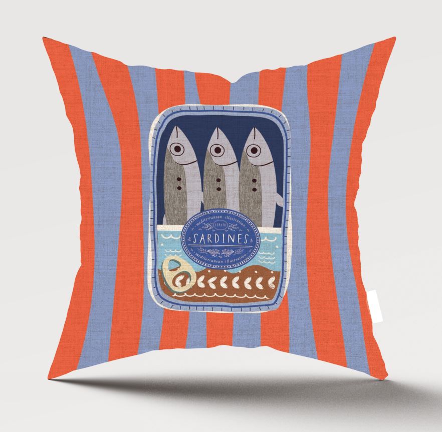 A square throw pillow with vertical orange and light blue stripes, featuring a central graphic of three sardines in a blue frame with the word 'SARDINES' and a small boat illustration.