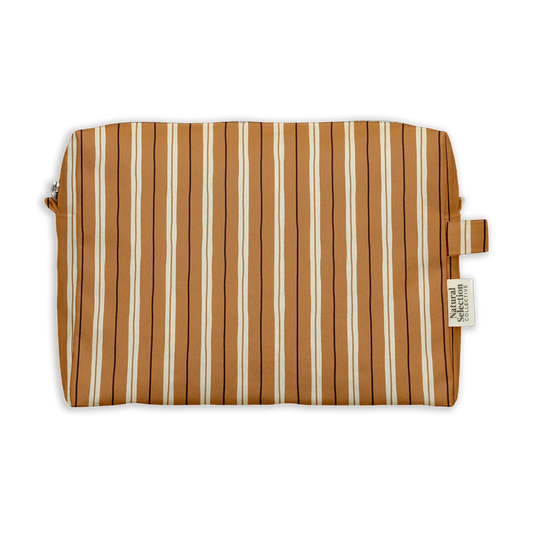 Haddon Stripe Toiletry Bag featuring terracotta, brown and cream stripes
