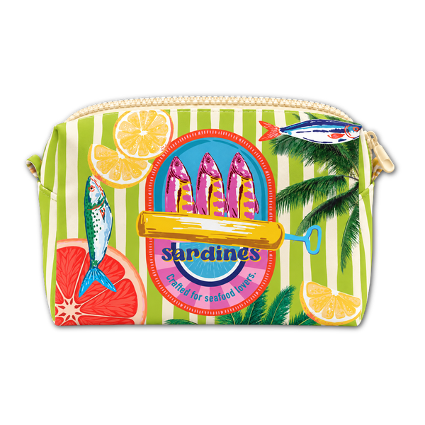 A zippered cosmetic pouch featuring a colorful Mediterranean seafood theme with green and white vertical stripes, illustrations of sardines, citrus slices, palm leaves, and a yellow squeeze bottle graphic.