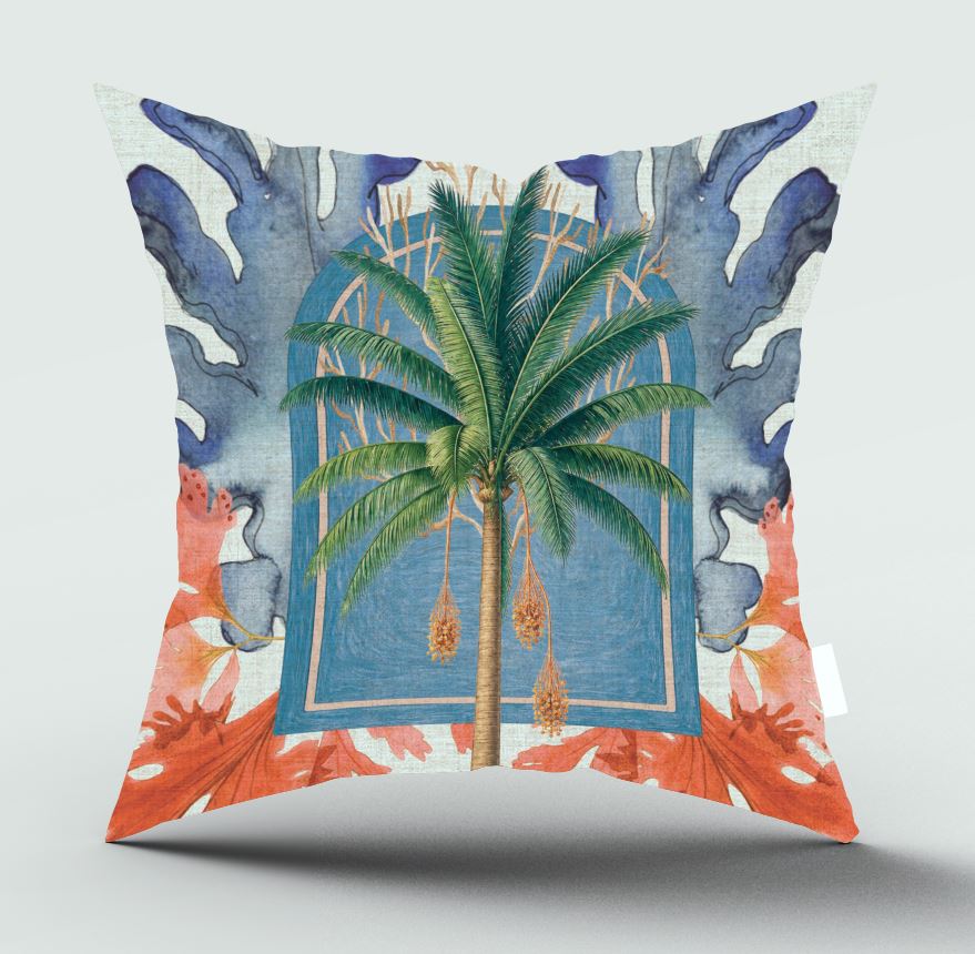 A square decorative throw pillow featuring a colorful watercolor-style print with a central green palm tree, a blue arch motif, and coral-orange floral elements on a light background.