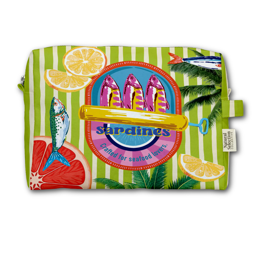 A rectangular zippered pouch with a colorful sardine-themed print on a white background. The design features green and white vertical stripes, illustrations of sardines, lemons, a grapefruit, and palm leaves, with a central circular badge reading 'sardines Crafted for seafood lovers.