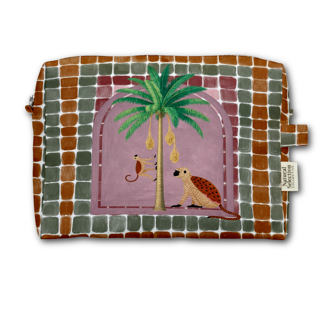 A zippered cosmetic pouch featuring a colorful mosaic border and a central illustration of a palm tree with monkeys under a pink arch, shown on a plain white background.