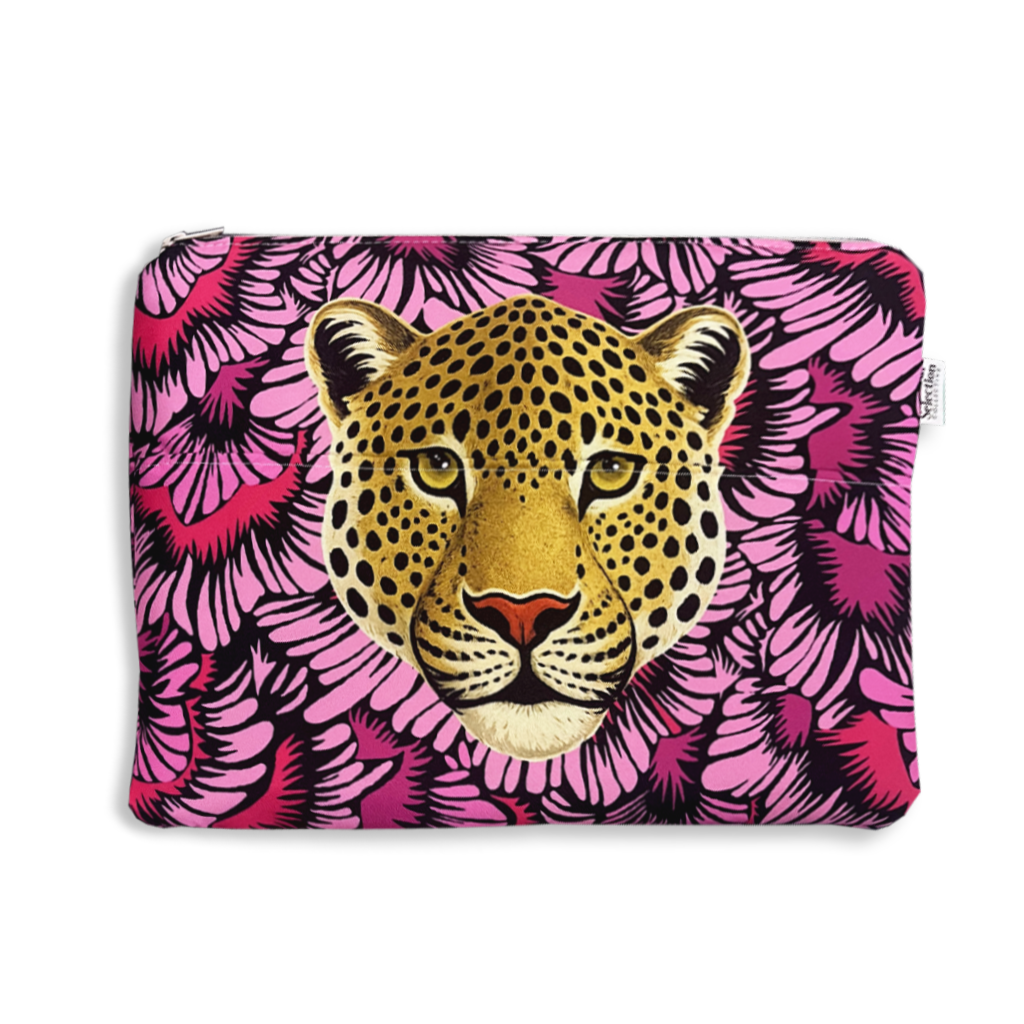 A rectangular zippered pouch featuring a graphic print of a leopard's face centered over a vibrant pink and magenta floral pattern, shown on a plain white background.
