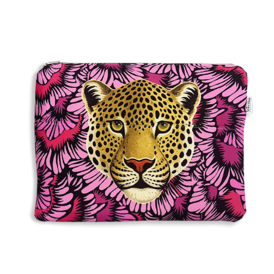 A rectangular zippered pouch featuring a graphic print of a leopard's face centered over a vibrant pink and magenta floral pattern, shown on a plain white background.