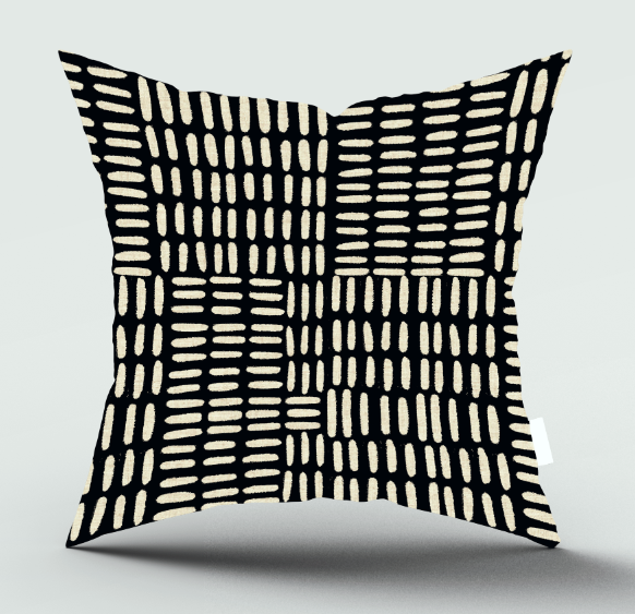 A square throw pillow with a black and cream woven basketweave pattern, shown against a light gray background with a soft drop shadow.