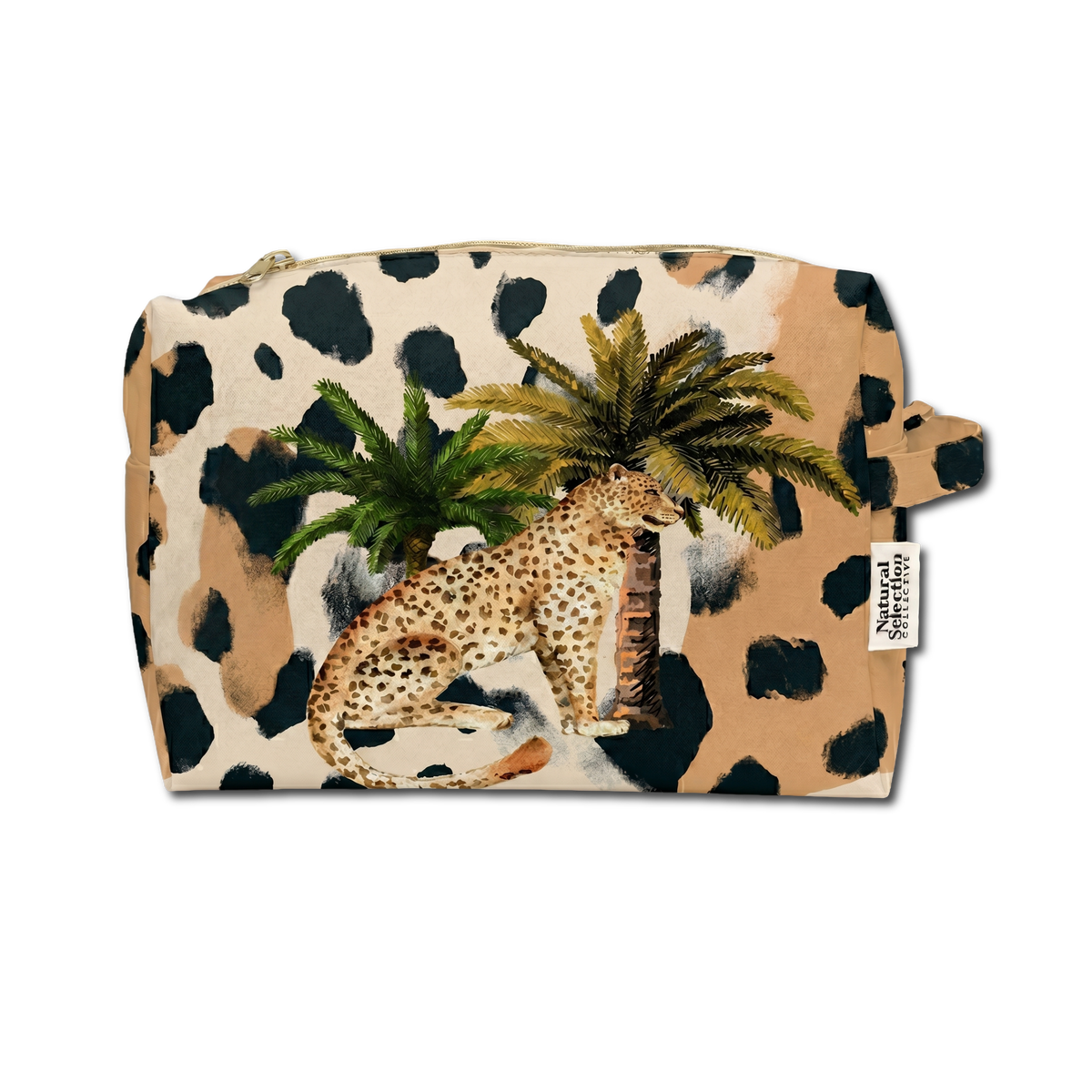 A rectangular cosmetic pouch with a tropical leopard and palm tree illustration over a beige, black, and tan animal-print background, shown on a plain white studio background.