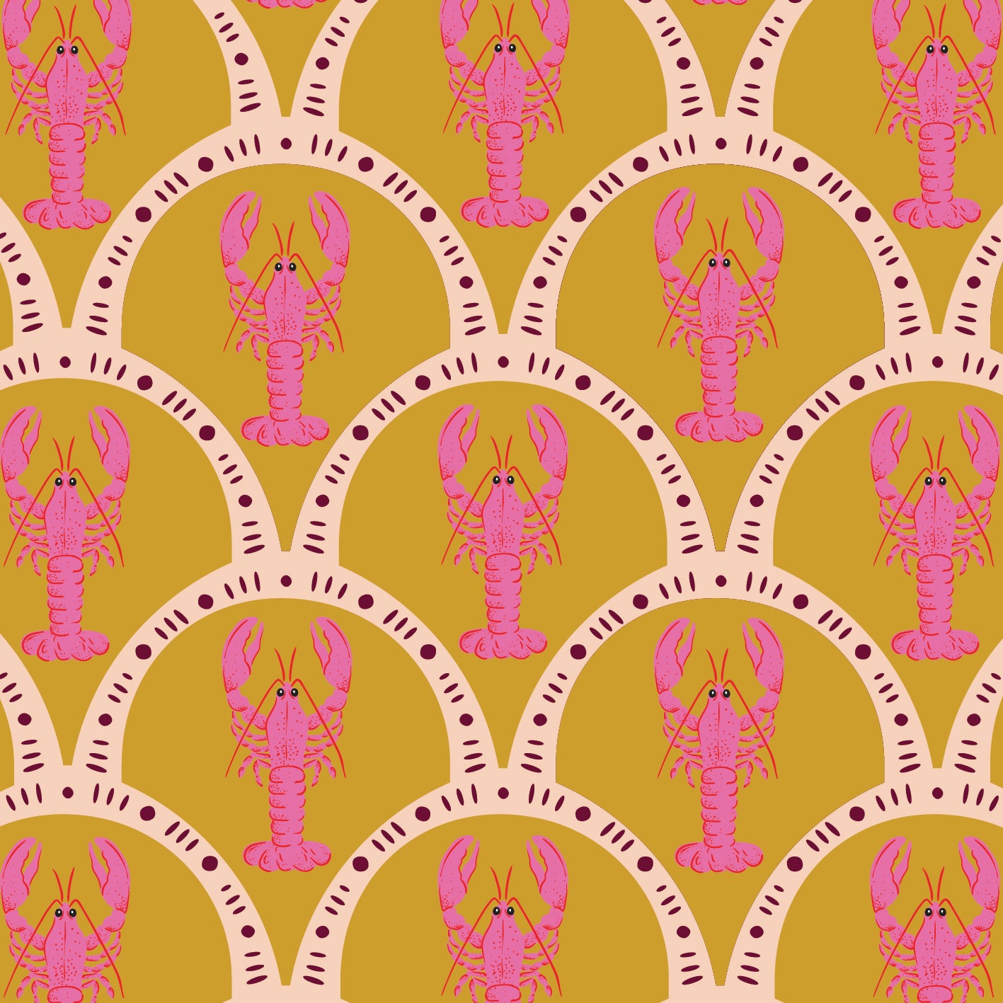 A repeating decorative pattern featuring bright pink lobsters inside scalloped beige arches on a mustard yellow background.