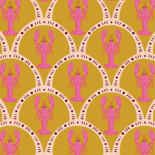 A repeating decorative pattern featuring bright pink lobsters inside scalloped beige arches on a mustard yellow background.