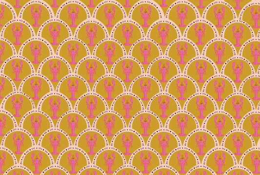 A repeating decorative pattern featuring pink lobster silhouettes inside overlapping cream scallop arches on a mustard yellow background.