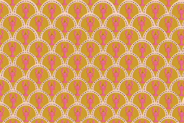 A repeating decorative pattern featuring pink lobster silhouettes inside overlapping cream scallop arches on a mustard yellow background.